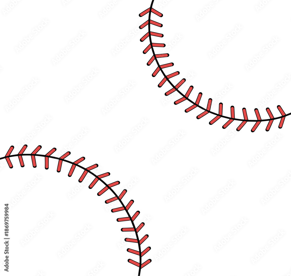 Obraz premium Red baseball stitch vector illustration, curved softball lace seams for sports equipment and team logo design