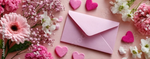A pink envelope surrounded by vibrant flowers and heart-shaped decorations, creating a romantic and cheerful atmosphere.