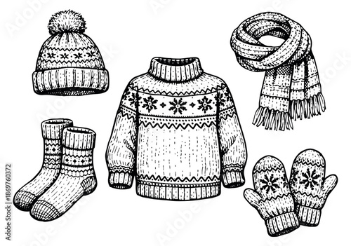 Hand drawn line art winter clothes set featuring a bobble hat, sweater, scarf, socks, and mittens for seasonal design
