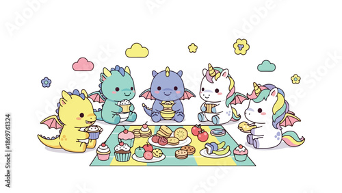 Colorful cartoon dragons and unicorns having a tea party with cupcakes on a green mat against a white background.