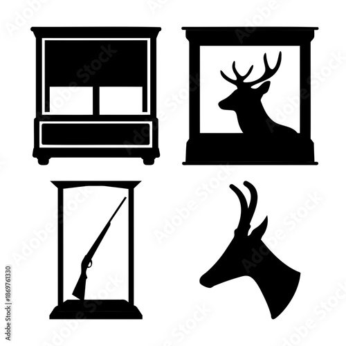 Classic hunting display set featuring deer bust, rifle, and cabinet silhouettes