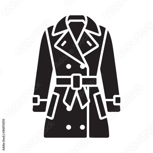 Simple black silhouette of a classic belted trench coat design