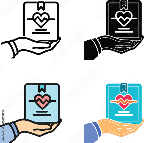 Medical service document vector icon held by hand with heart symbol for telemedicine and online pharmacy platforms. Ideal for digital prescriptions, healthcare services, patient care apps and pharmacy