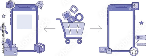 Illustration of a mobile phone with app icons transitioning to a shopping cart and then to another mobile phone with added icons, showcasing a process in a minimalist style with purple