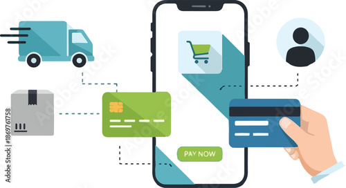 Illustration of a mobile phone with a shopping app, credit card, and delivery truck on a white background, depicting online shopping and payment.