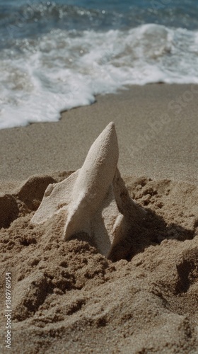 Whimsical sand shark breaches through grains, echoing Jaws nostalgia, beach-combing adventures, and National Beach Day celebrations