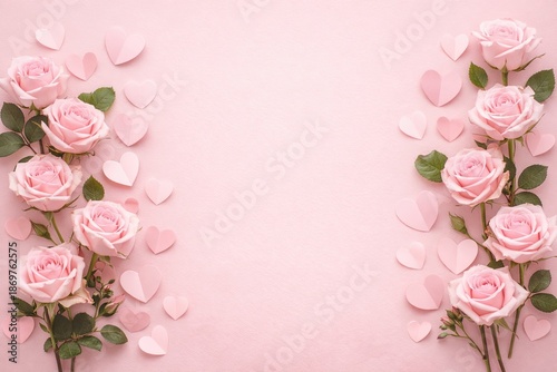 Romantic pink roses and hearts on soft background
