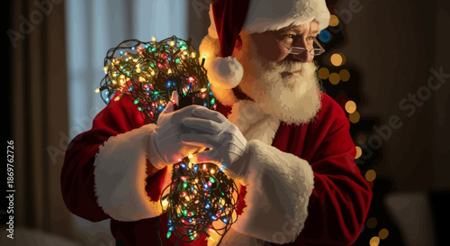 Santa claus in a cozy room holding a tangled string of colorful christmas lights with a warm glow on his face and a blurred christmas tree in the background with lights