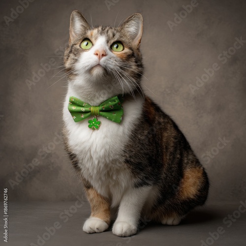 Cute Cat in St Patrick’s Day Costume with Green Bow Tie