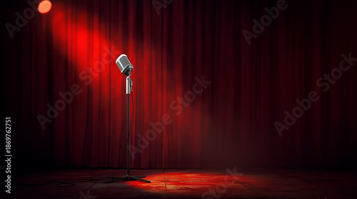 Vintage Microphone on Dimly Lit Stage with Red Curtain Background and Copy Space, Horizontal 16:9 Banner