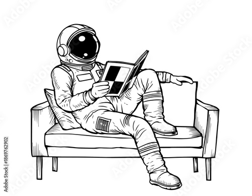  Astronaut's reading a book on a sofa