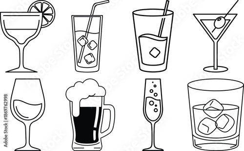Different types of alcoholic drinks in various glasses