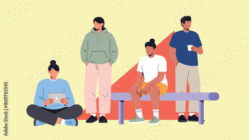 Illustration of four diverse people sitting and standing around a purple bench on a yellow and orange background, with a casual and relaxed mood.