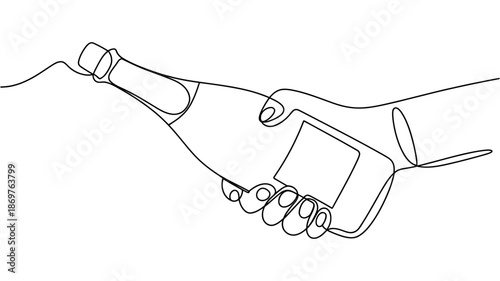 Elegant continuous line drawing of a hand holding a bottle of sparkling wine