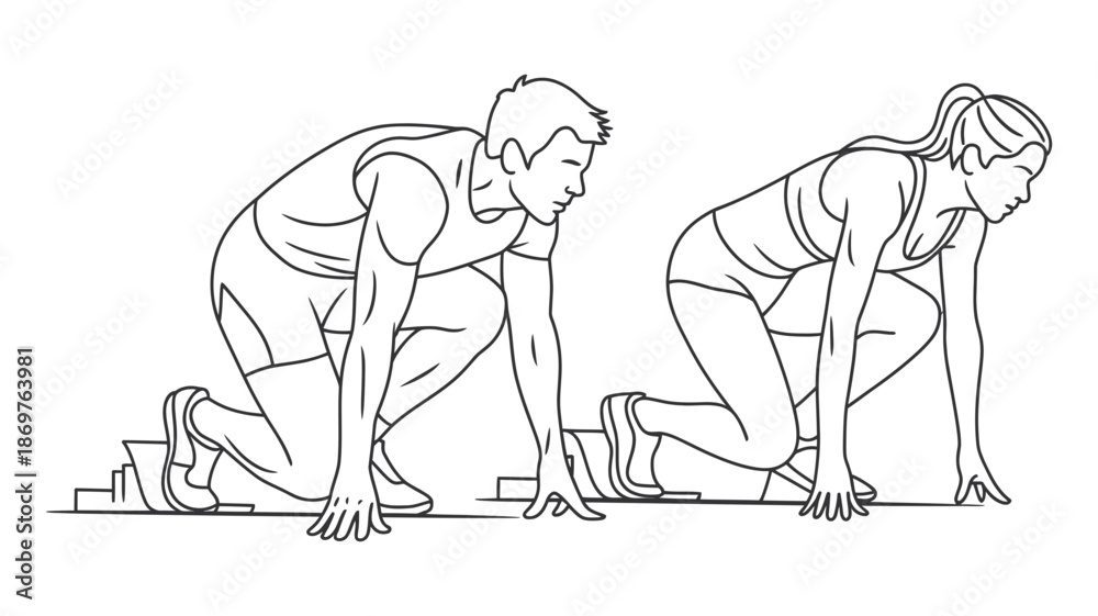Fototapeta premium Male and female sprinters on starting blocks, poised to begin a track and field race