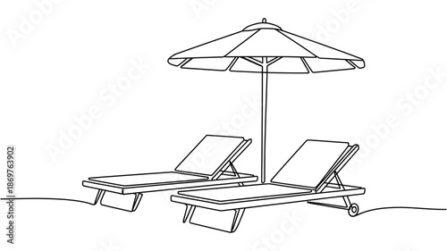 Relaxing summer vacation scene with sun loungers and a protective shade umbrella sketch