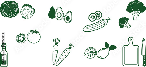 Fresh Vegetable Icons Set – Cabbage, Avocado, Cucumber, Broccoli and More | Green Line Salad Ingredients Vector with Cutting Board, Knife and Oil Bottle
