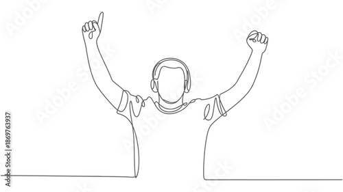 Enthusiastic person raising arms in a continuous line art drawing celebrating success