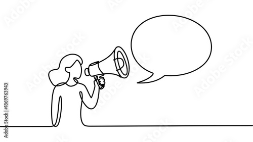 Continuous line drawing of a person with a megaphone and an empty speech bubble