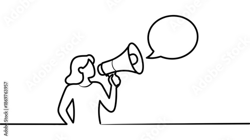 A minimalist line art drawing of a woman using a megaphone to deliver a public announcement