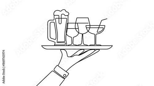 A waiter's hand carrying a tray with various alcoholic beverages in line art style