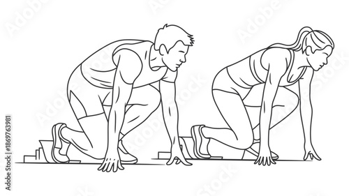 Male and female sprinters on starting blocks, poised to begin a track and field race