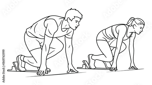 Man and woman sprinter in starting blocks ready for a race line drawing