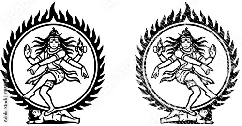 Lord Shiva Nataraja vector illustration set featuring clean outline line art and bold solid black styles. Shows the Hindu god Shiva performing the cosmic Tandava dance