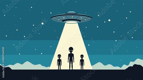 Alien beings stand beneath the glowing tractor beam of a flying saucer in a vast desert landscape during a starry night scene.