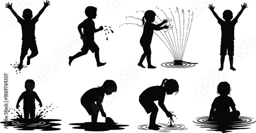 Black silhouette set of happy children playing with water, jumping in puddles, and running through garden sprinklers during summer outdoor fun.Black silhouette set of happy