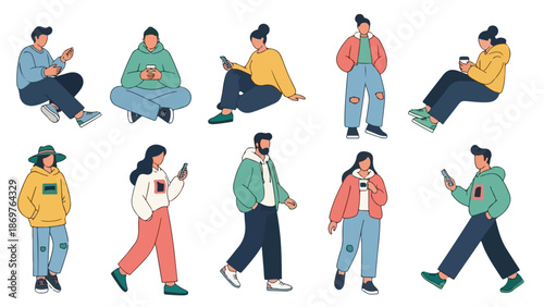 Illustration of people in casual clothing walking or sitting while using their smartphones in various poses against a clean white background.