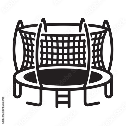 Simple black and white illustration of a circular backyard trampoline with ladder