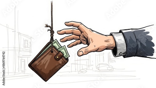 A hand reaching for a brown wallet with money hanging from a stick in an urban environment