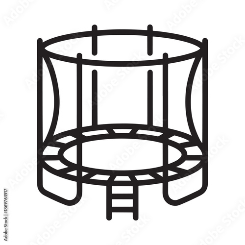 Simple line drawing of a round trampoline with safety net and ladder