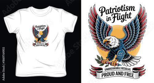 Patriotism in flight script typography eagle vector design with sun background and american flag wing details