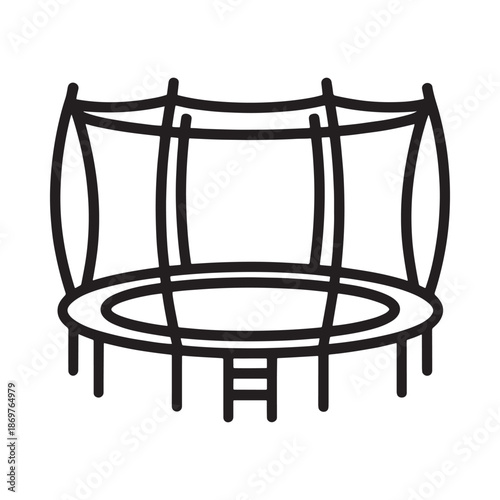 Simple black and white line drawing of a round backyard trampoline with ladder