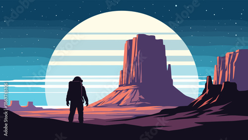 Brave astronaut explorer stands on a rugged desert planet looking at massive rock formations under a giant moon in the night sky.