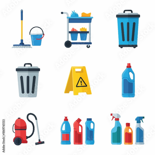 Collection of Cleaning Supplies and Equipment Icons.