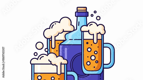 Three frothy mugs of amber liquid and a blue bottle are depicted