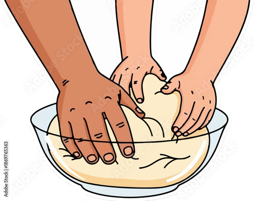 Three hands working together kneading dough in a glass bowl