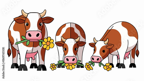 Three cartoon cows with brown and white patches nibbling on yellow flowers against a white background