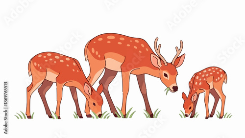 Three cartoon deer graze on grass in a stylized, simple illustration