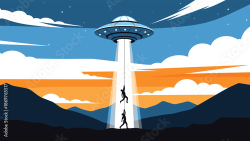 Extraterrestrial spacecraft beams up two humans from a valley during a colorful sunset in a dramatic sci-fi illustration.