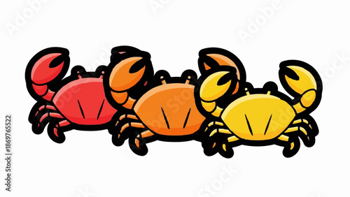 Three cartoon crabs in red, orange, and yellow march in a line