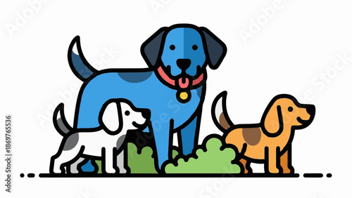 Three cartoon dogs of different sizes and colors are standing on green grass