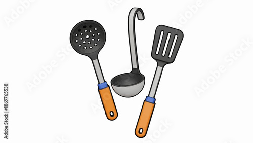 Three cartoon kitchen utensils, a slotted spoon, ladle, and spatula, with orange handles
