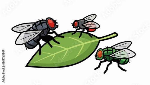 Three cartoon flies with red eyes gather on a bright green leaf