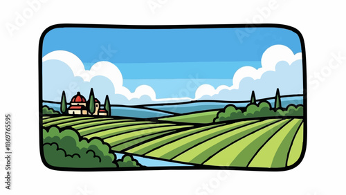 Stylized Tuscan villa nestled among rolling green fields under a bright blue sky