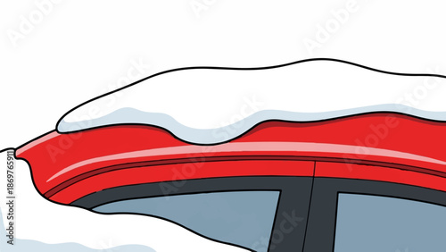 Stylized red vehicle hood covered in fluffy white snow, reflecting a crisp winter day
