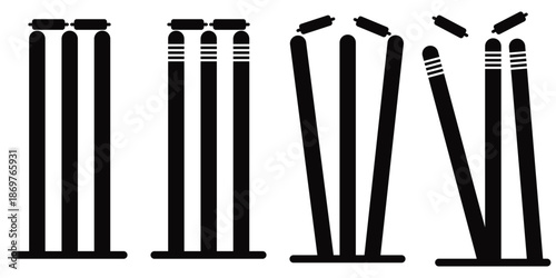 Cricket Wicket Icon Set – Stumps and Bails Silhouette Vector for Sports and Game
 Illustration